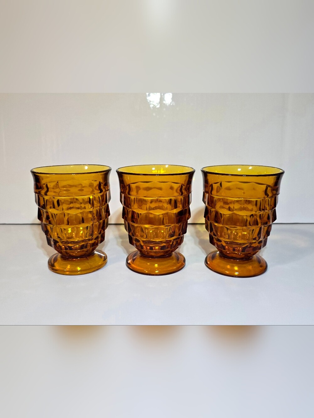 Indiana Glass Whitehall Cubist Footed Tumblers Set of 3 Vintage Amber Drinkware